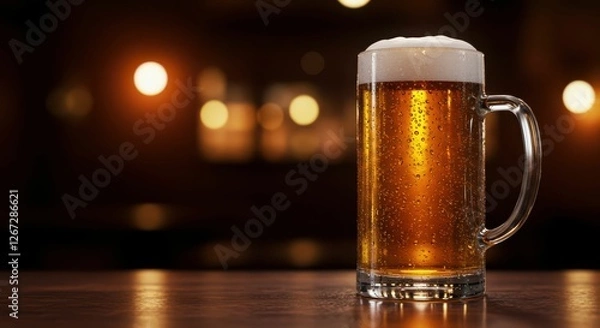Fototapeta Frosty beer mug on wooden table with warm ambient lighting