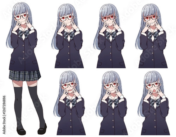 Fototapeta アニメ風ヤンデレの女の子の全身立ち絵と上半身表情差分
