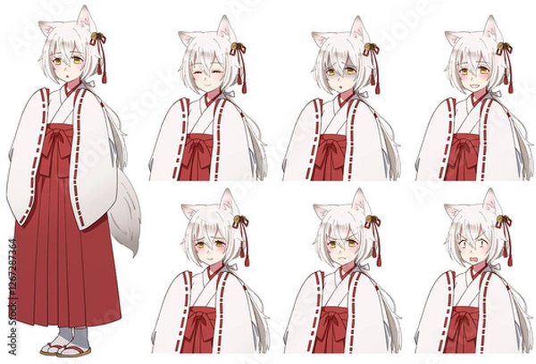 Fototapeta アニメ風巫女姿の狐の妖怪女の子全身立ち絵と上半身表情差分
