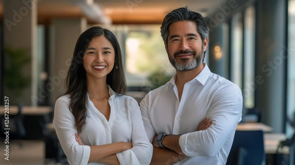 Fototapeta A happy, multi-ethnic business couple standing confidently with arms crossed in a modern professional office setting. Their pose exudes confidence, collaboration, and professionalism 