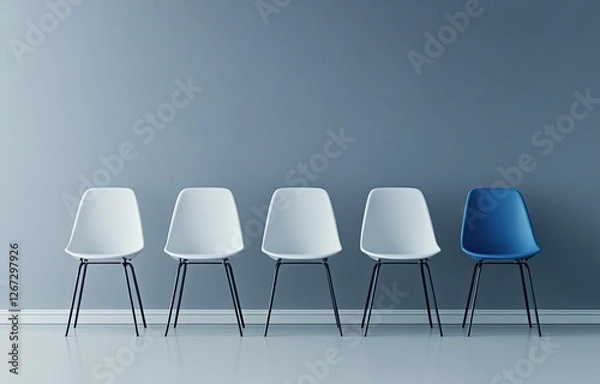 Obraz Modern chairs in a row, one blue, waiting room, minimalist design