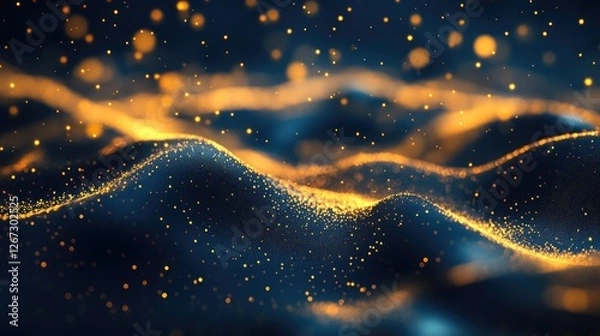 Obraz Digital gold particles wave and light abstract background with shining dots stars