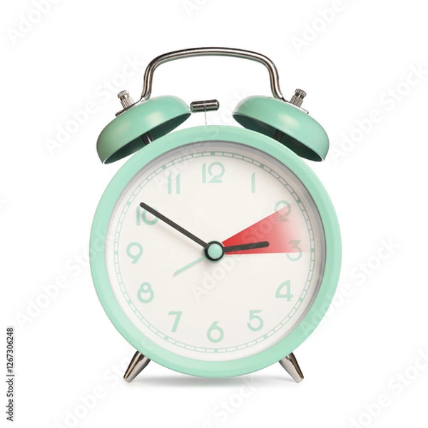 Fototapeta Daylight saving time. Turquoise alarm clock on white background. Highlighted area showing time change by one hour forward