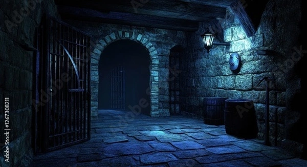 Fototapeta Three-Dimensional Dungeon Scene: A Dark Cell Background with Bars and a Glimpse of a Mobile Phone