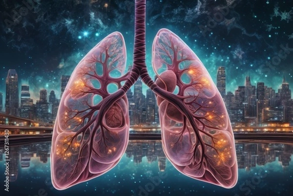 Fototapeta Artistic illustration of human lungs in an abstract style. A creative interpretation of the respiratory system with vivid colors and modern design, perfect for medical, educational, and artistic use