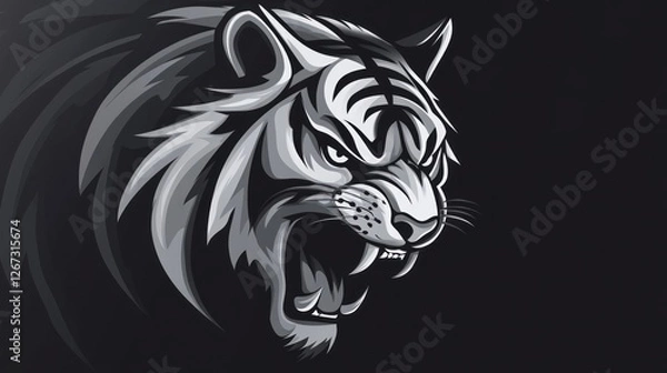 Obraz Growling tiger in grayscale over dark background. For posters, t-shirts, wildlife conservation