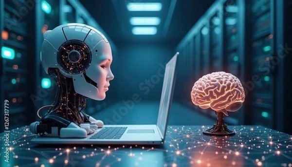 Fototapeta human brain placed on a table,  symbolizing a connection or data exchange between the brain and the robot inside a modern computer center, with several monitors and servers