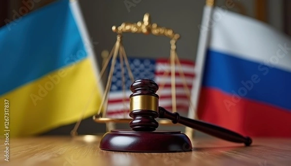 Fototapeta Ukrainian flag on the left and Russian flag on the right lying on table, in the middle above is hat with U.S. flag, gavel lying on table and justice scale