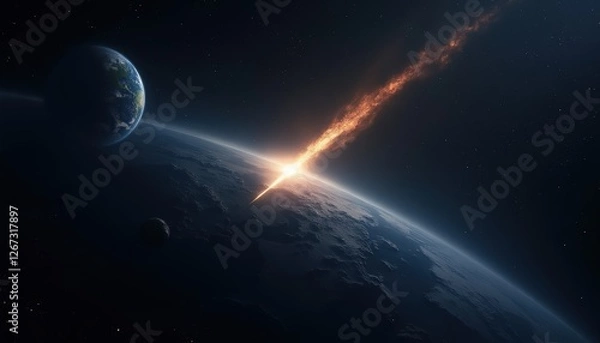 Fototapeta Earth with a large meteor approaching.glowing slightly from the heat of entering the atmosphere.