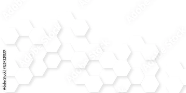 Obraz Minimal white hexagonal hexagon modern technology creative emboss light honeycomb polygonal web. abstract geometric science and mosaic tile with template web texture background.	