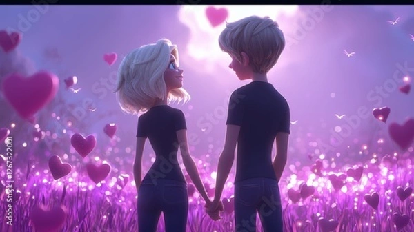 Fototapeta Young couple holding hands in heart-filled field romantic animation dreamlike environment love concept