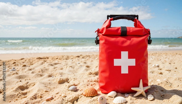 Obraz Red first aid bag on sandy beach with seashells and ocean background