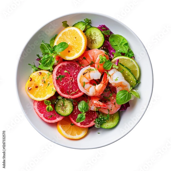 Obraz Fresh and Colorful Seafood Salad with Shrimp, Citrus Slices, and Vibrant Greens for a Healthy Meal or Snack Option