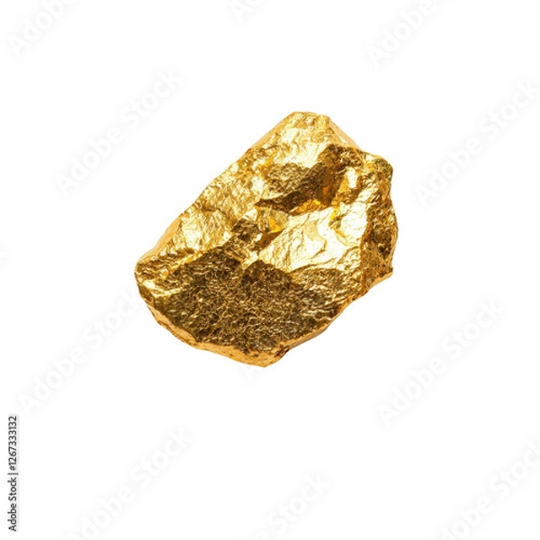 Fototapeta Natural shiny gold nugget with rough surface, showcasing intricate textures and reflections, isolated on a clean white background for commercial use