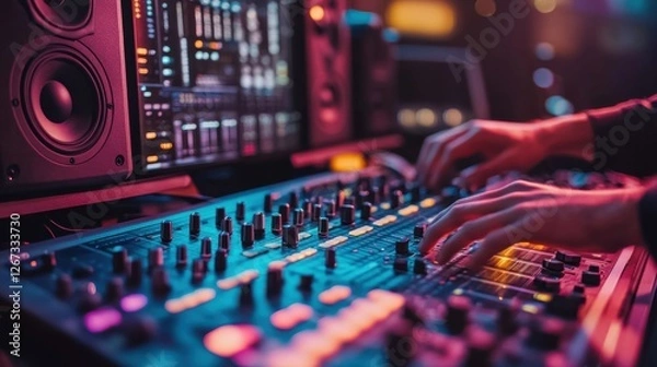 Fototapeta Audio specialist working in a control room, optimizing music tracks with digital tools