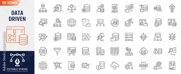 Fototapeta Data driven line icon set. Editable stroke. Containing as big data, data mining, algorithm, analytics, machine learning, ai, science, warehouse, database, dataset and more. Vector illustration