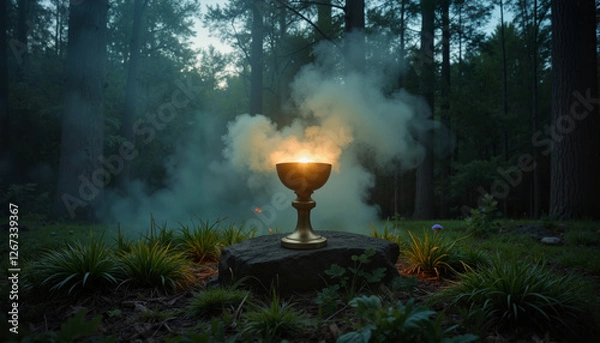 Fototapeta Golden chalice emitting smoke in enchanted forest