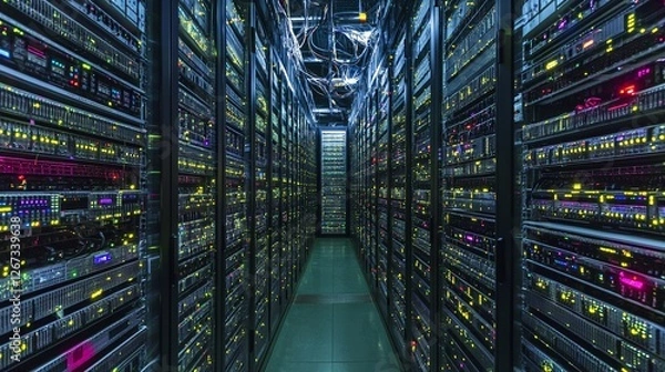Fototapeta Big data technology and data science. visualization working data center filled with rack servers and supercomputers
