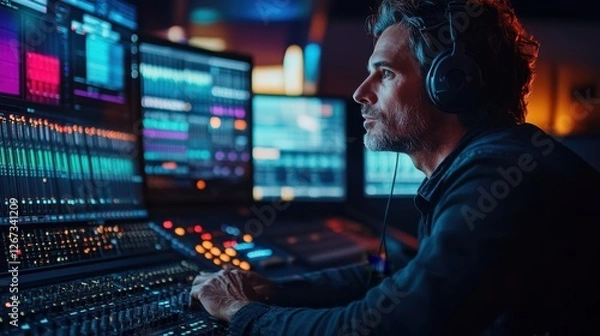 Fototapeta Audio specialist working in a control room, optimizing music tracks with digital tools