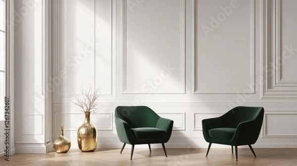 Fototapeta Elegant green armchairs in a bright room, sunlight streaming through a window, design interior