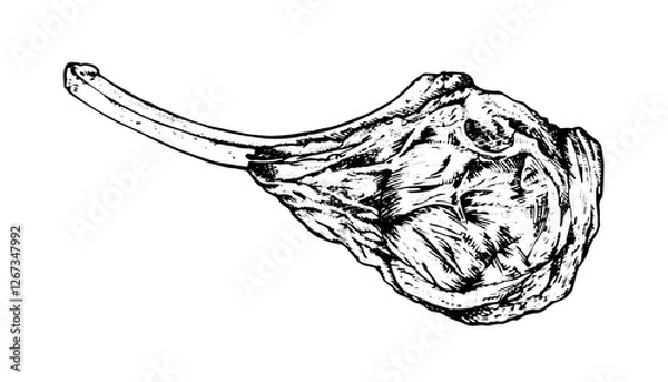 Obraz Vector illustration of a meat steak in black and white. Hand drawn sketch of healthy food. Ribeye with a white isolated background. Sirloin or pork lamb chop for barbecue and culinary designs