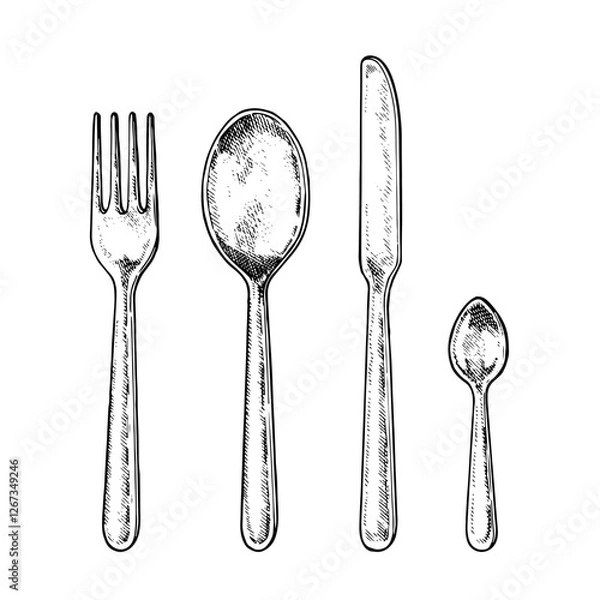 Obraz Vector illustration of a cutlery set in black and white. Hand drawn sketch of fork, knife, spoon and teaspoon with isolated background. For kitchen and tableware designs with vintage engraving style