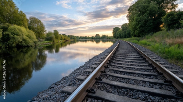 Fototapeta Railway tracks stretch alongside a serene river as the sun sets, casting warm hues in the sky