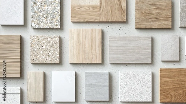 Fototapeta Variety of wood and composite surface samples on light background