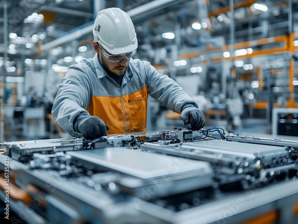 Obraz A dedicated worker wearing a hard hat and goggles is working on a battery cell production line at a modern factory for electric vehicles, electronic equipment, and energy storage systems.