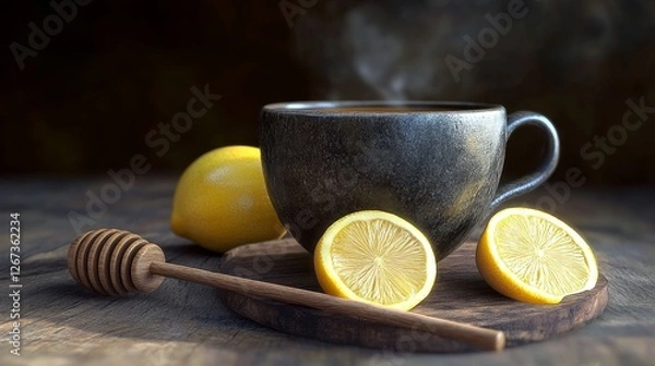 Fototapeta Warm Cup of Tea with Fresh Lemon and Honey on Wooden Table