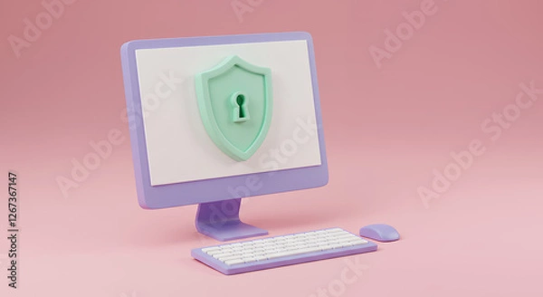 Fototapeta Secure Computing: Pastel PC with Shield for Data Protection & Cyber Safety