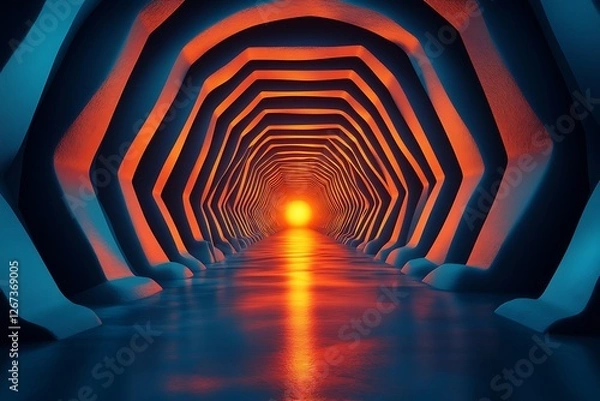 Fototapeta Futuristic hexagonal tunnel illuminated by vibrant orange and blue lights, leading to a glowing horizon