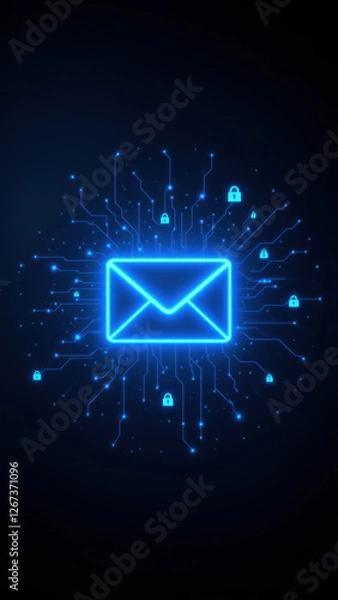 Fototapeta A digital illustration showing a secure email icon surrounded by cybernetic circuitry, representing Internet security.