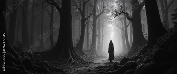 Fototapeta Akelarre in the Baobab Aurora Forest Black and white drawing. Dark style, fantasy art