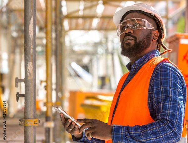 Obraz Attractive African american engineer at work on construction site
