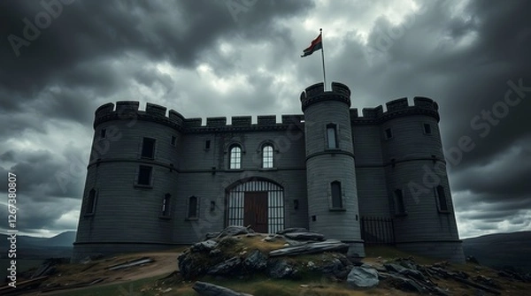 Obraz Professional photograph of an abandoned medieval castle, gothic and dramatic style, intense dramatic weather, tight close-up shot