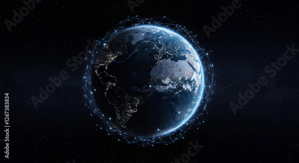 Obraz Global Network: Earth Connected by Digital Lines in Space - Technology, Connectivity & World Communications.
