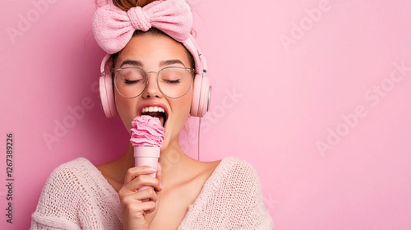 Fototapeta Playful Young Woman Using Pink Ice Cream Cone as Microphone
