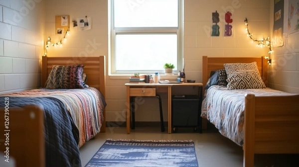 Fototapeta Bedroom with desk and bunk beds. A simple and bright striped shirt with a t-shirt. Dormitory room for students. A sleeping area that includes a desk and bunk lifestyle beds.