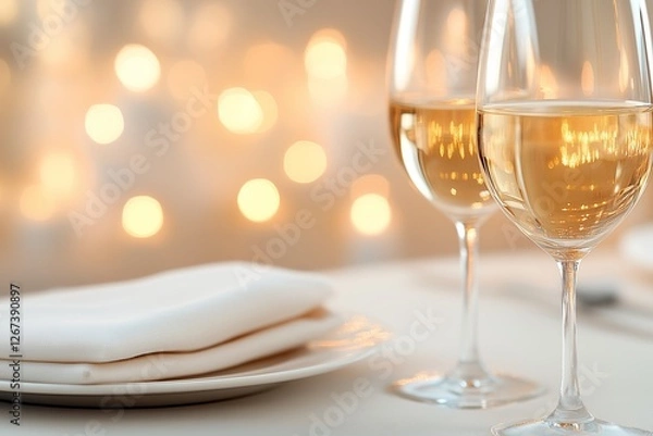 Fototapeta A beautifully set dinner table featuring a glass of white wine, a neatly folded napkin on a plate, and soft candlelight creating a warm and romantic ambiance.