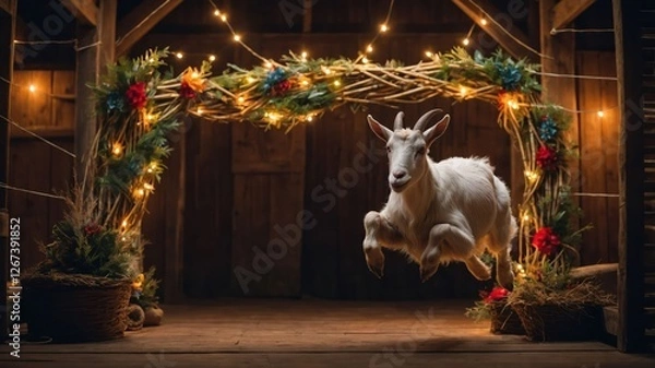 Fototapeta A goat leaps joyfully in a decorated barn, illuminated by festive lights.