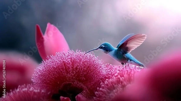 Fototapeta A closeup of a hummingbird feeding on a bright pink flower, wings in midmotion, vibrant colors and stunning details, nature at its finest