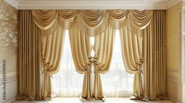 Fototapeta A classic setup of curtains with valance, adding extra detail and charm,