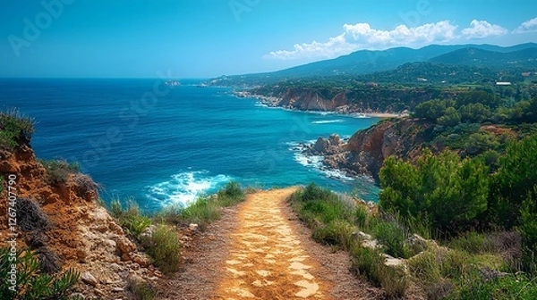 Obraz Coastal walkway winding along a scenic ocean cliff with gentle waves crashing below and a breathtaking panoramic view of the coastline