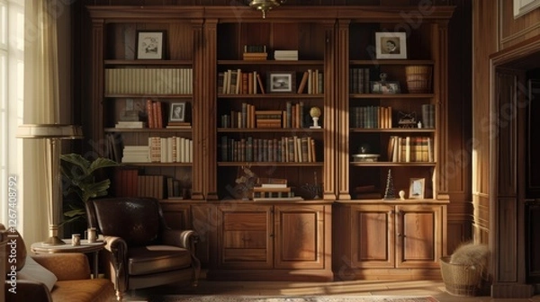 Fototapeta A classic wooden bookshelf, filled with books and accented by a warm, natural finish,