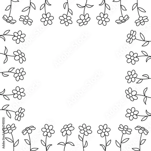 Fototapeta simple hand drawn vintage frame with daisy flowers on white background.