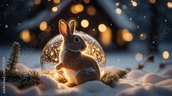 Fototapeta A rabbit inside a glowing snow globe surrounded by snow and soft lights.