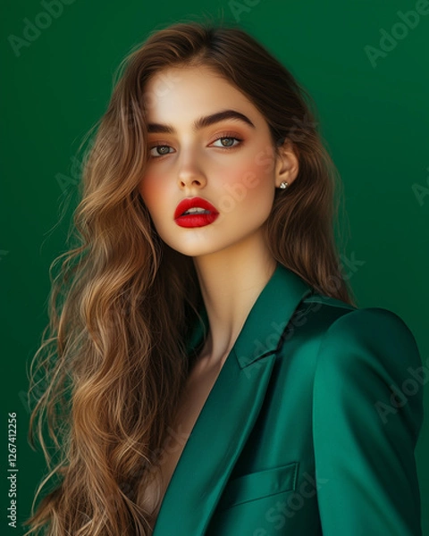 Fototapeta Portrait of a beautiful model on emerald background