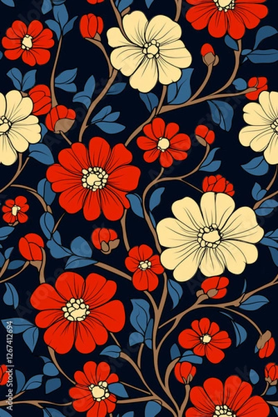 Fototapeta Seamless floral pattern featuring elegant red and yellow flowers blooming gracefully on a dark blue background, creating a captivating design