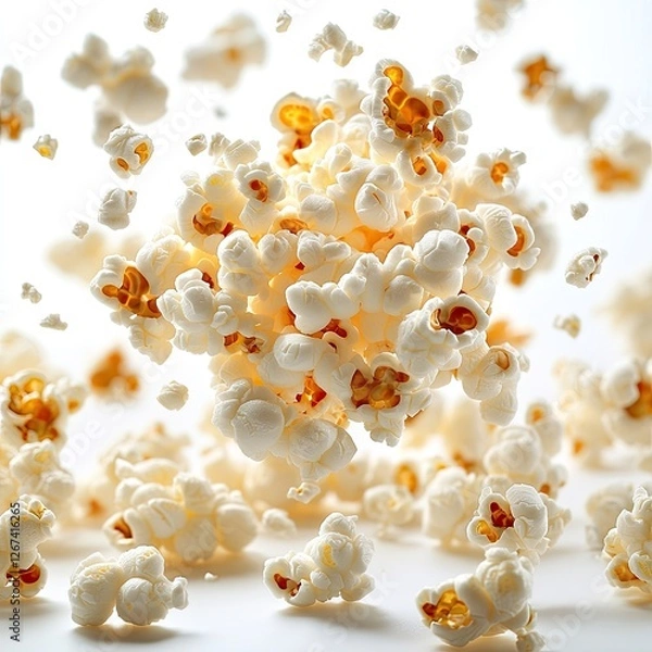 Fototapeta Popcorn flying isolated. Popcorn background. Corn popcorn snack close-up.